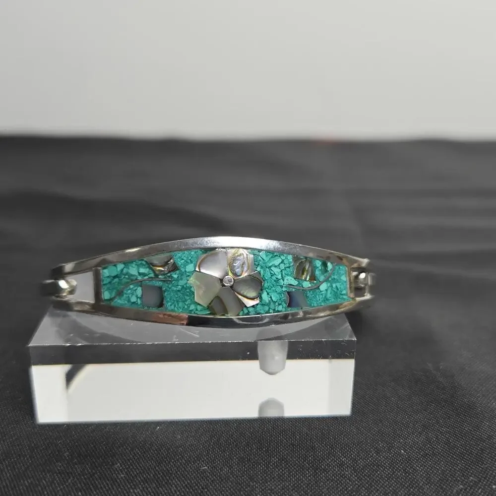 Vintage Taxco Mexico Turquoise Abalone Inlay Hinged Bracelet Silver Tone Metal - Picture 2 of 9